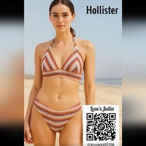 Hollister Crochet Striped Bikini Set – Rust, White & Blue – Size S